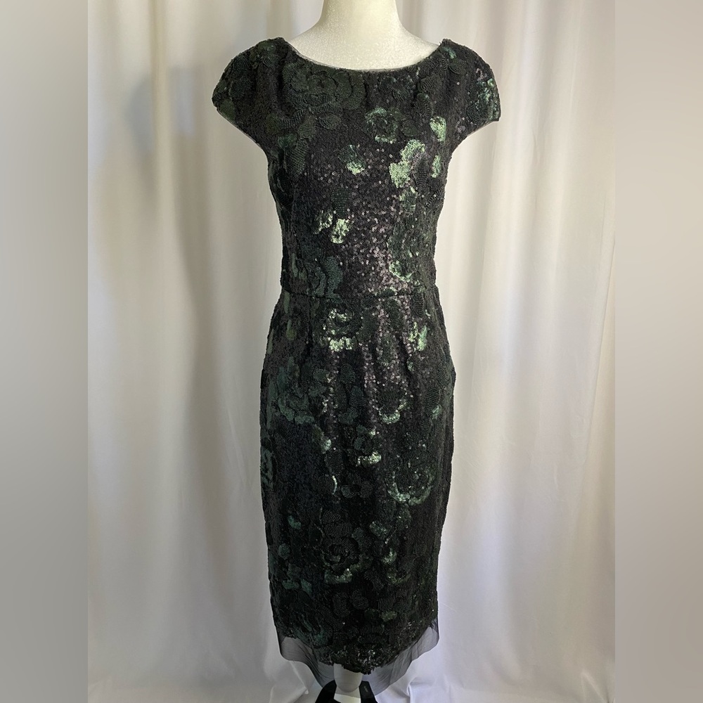 Vera Wang Sheath Evening Dress Embellished Sequin Floral Black Green Size 6
